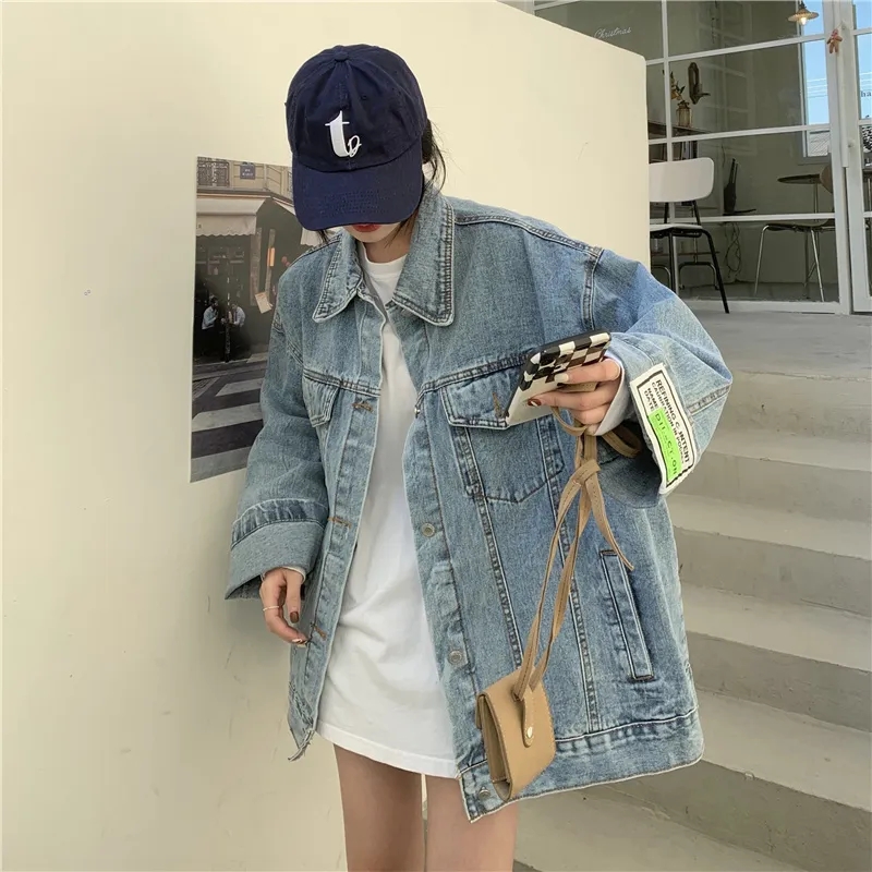 Korean Street Fashion Female - جاكيت جينز نسائي فضفاض بأكمام طويلة