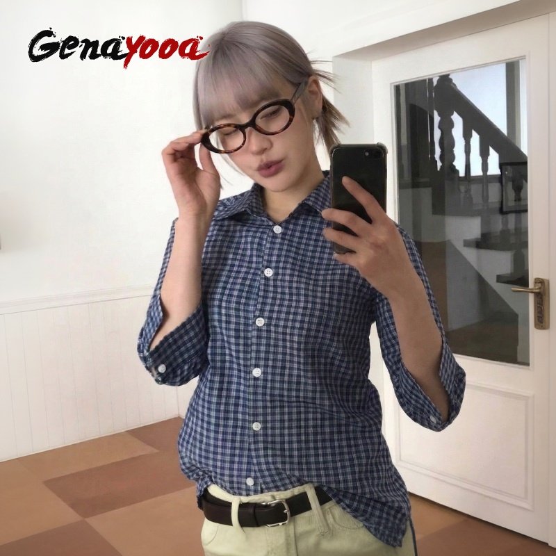 Street Fashion Japan - Genayooa Y2k قميص منقوش المرأة ثلاثة