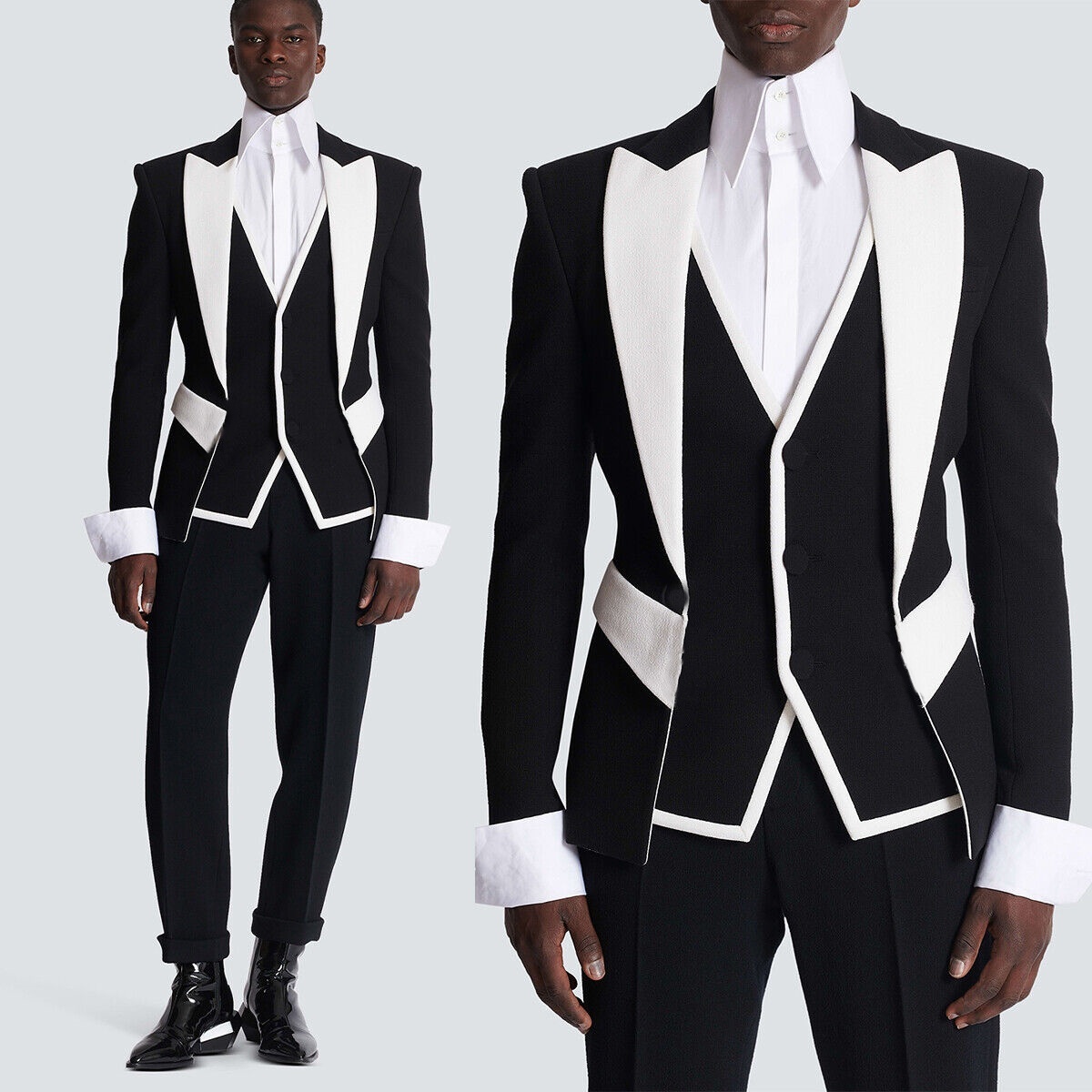 Street Fashion Jacket Men - بدلات زفاف عصرية متطابقة باللونين الأبيض
