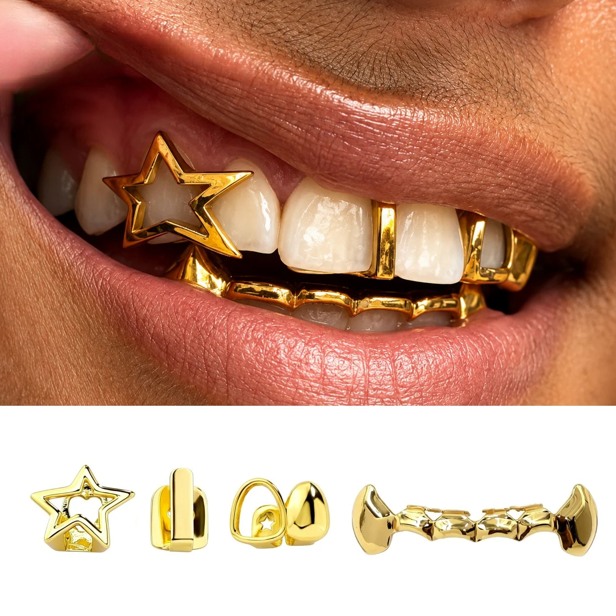 Street Fashion Jewelry - 4 قطع طقم جريلز مطلي بالذهب،