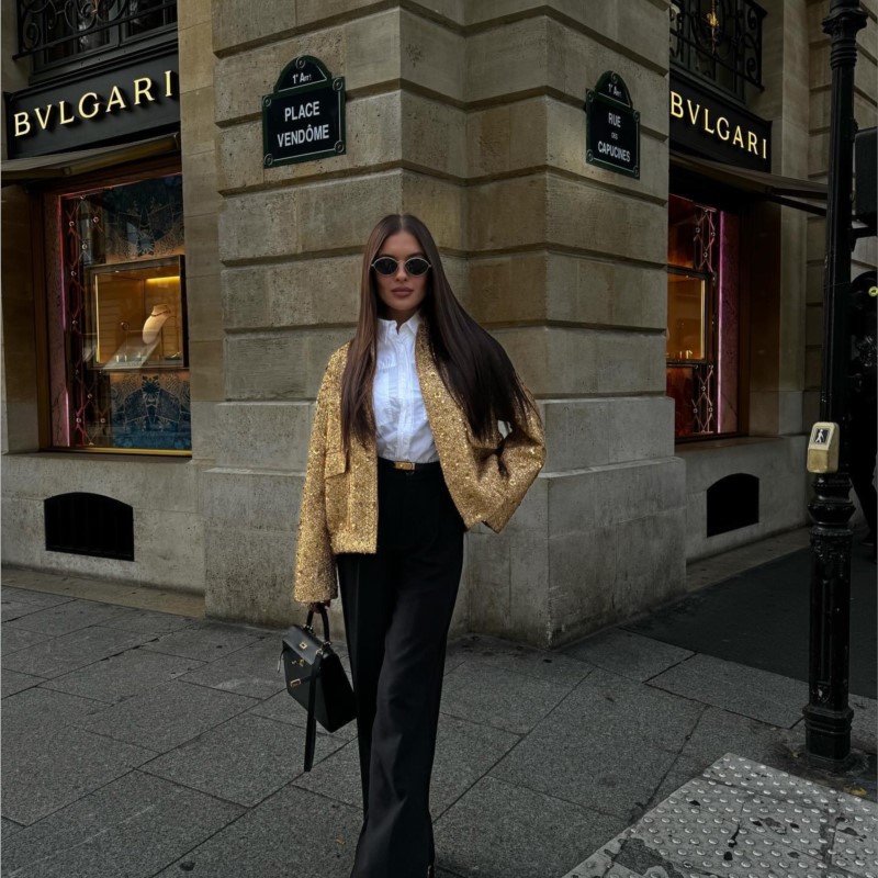 سترة نسائية عصرية لامعة مزينة  - مراجعة Street Fashion Shanghai وسعره